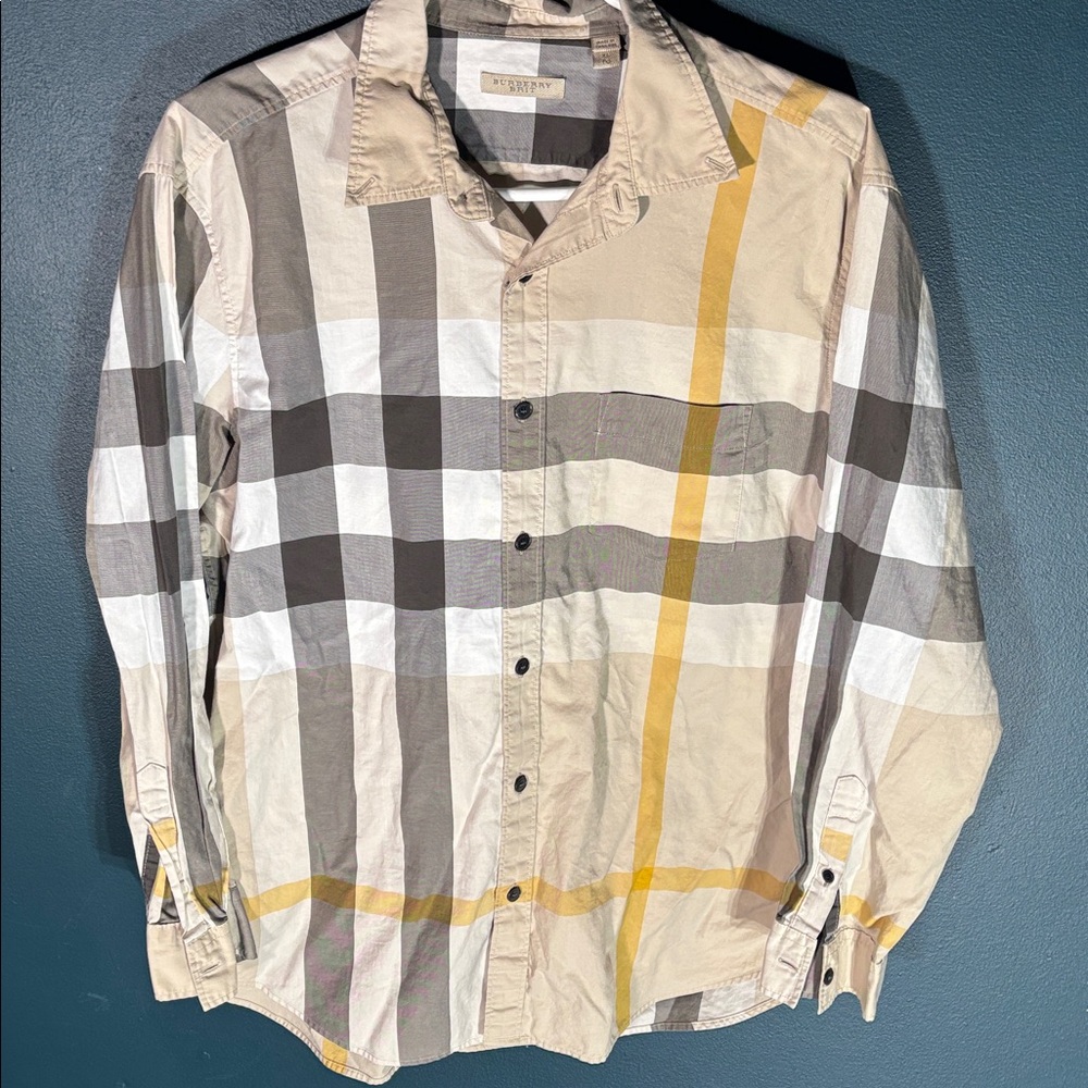 Burberry Brit Men’s Yellow, Tan, Lt.Brown Checkered Button Down Shirt Size XL